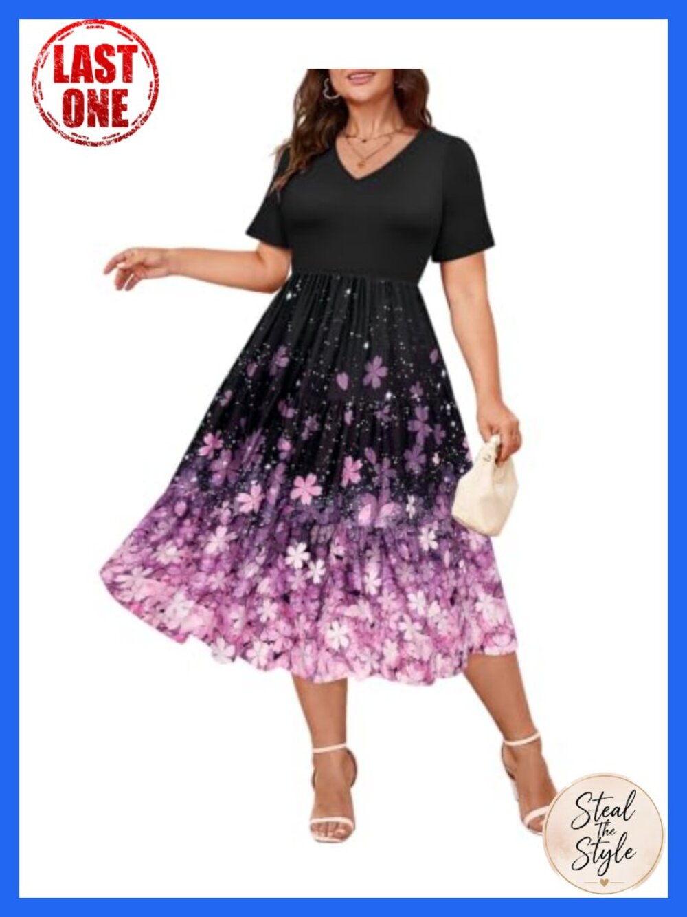 Plus Size A-Line Floral Dress Short Sleeve V-Neck with Pockets Casual Summer